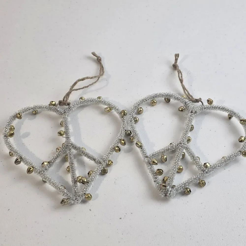 Pottery Barn Jingle Bell Heart Peace Sign Christmas Ornament Set Of 2 EUC Xmas